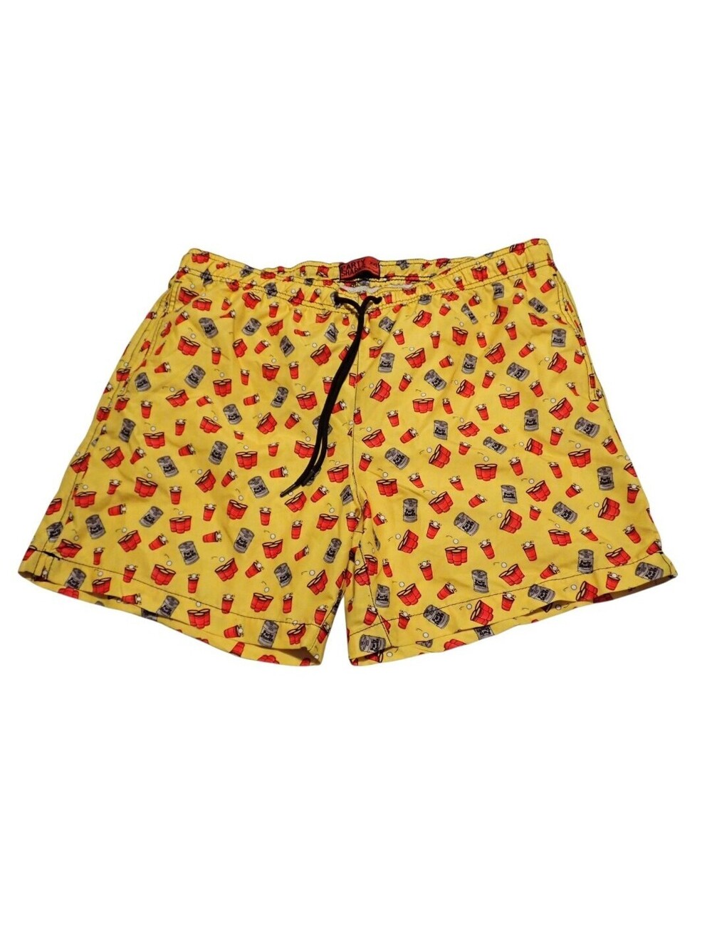 Party Sharks Swim Trunks Mens XXL Yellow Beer Pong Red Solo Cup Print Lined Mesh
